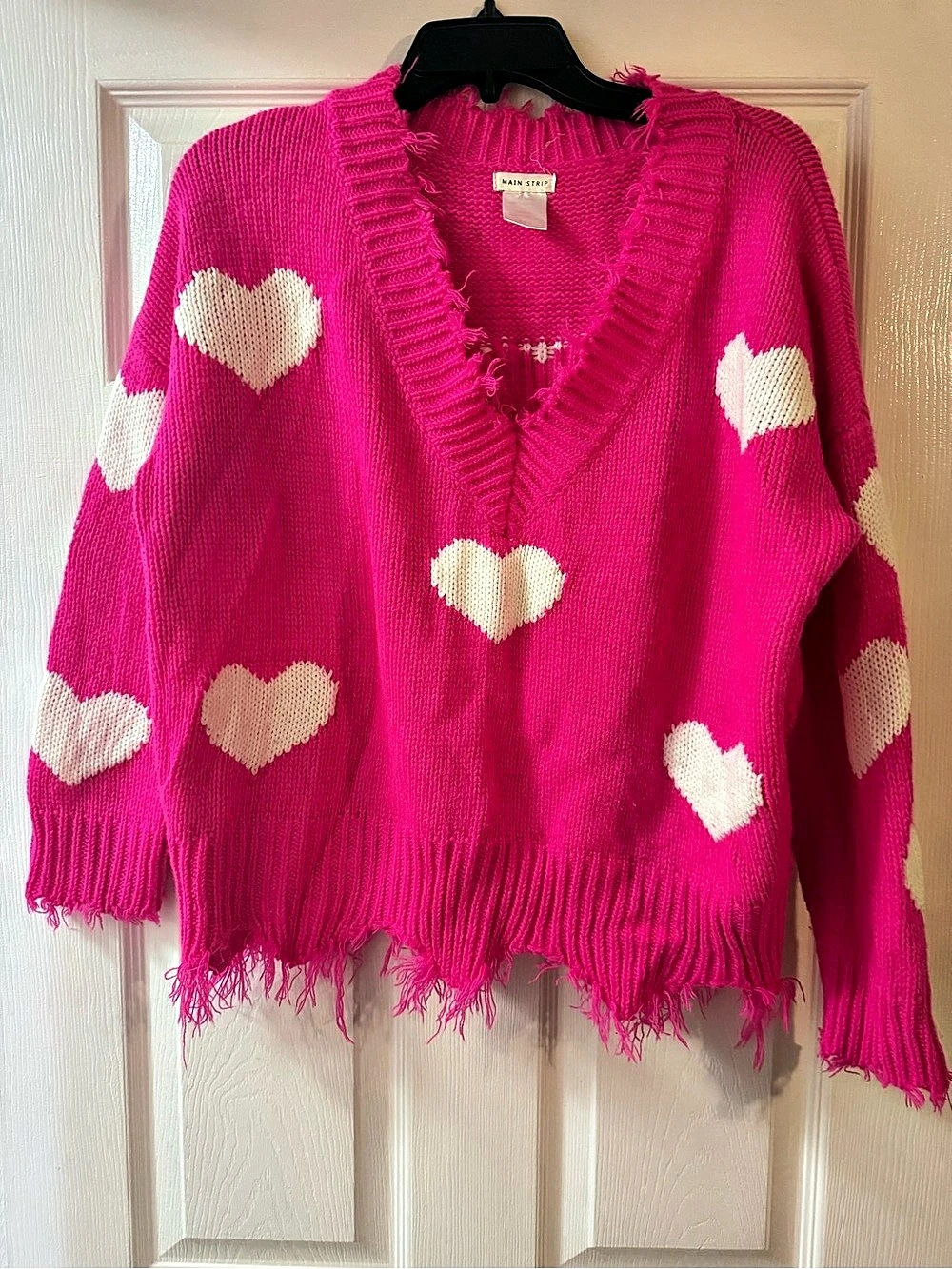 Main Strip Hearts Abound Distressed Sweater Pink & White